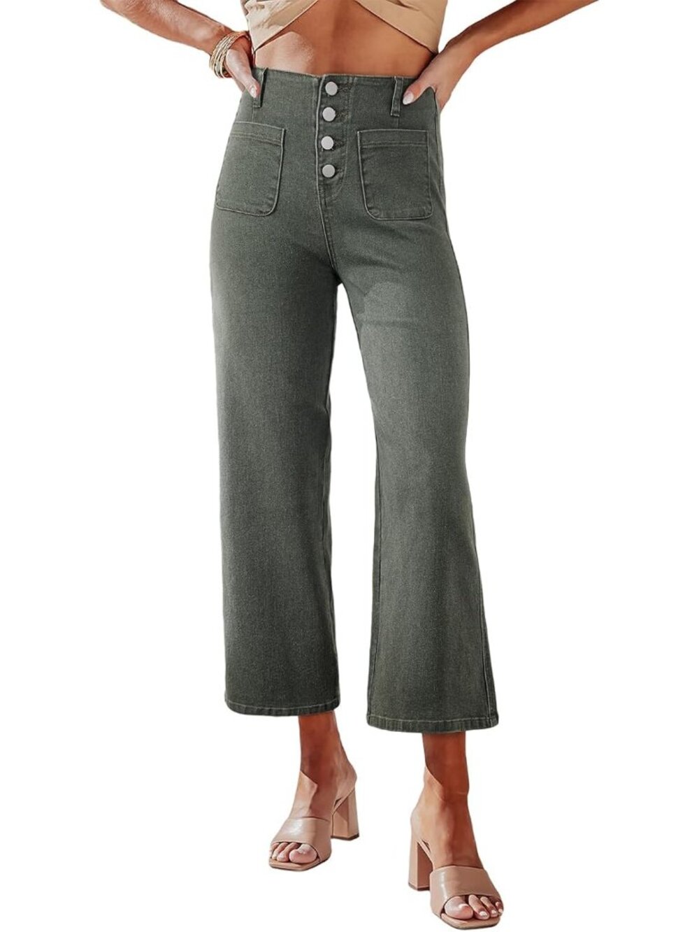 Women's Green High Waisted Jeans Stretchy Denim Pant Casual Wide Leg Jeans